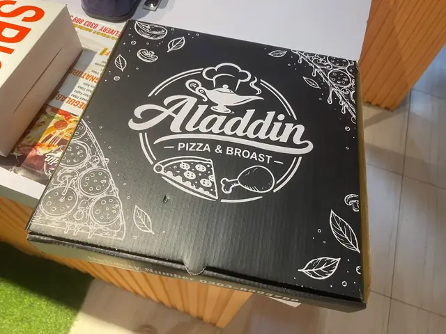 Black pizza box with the Aladdin logo.